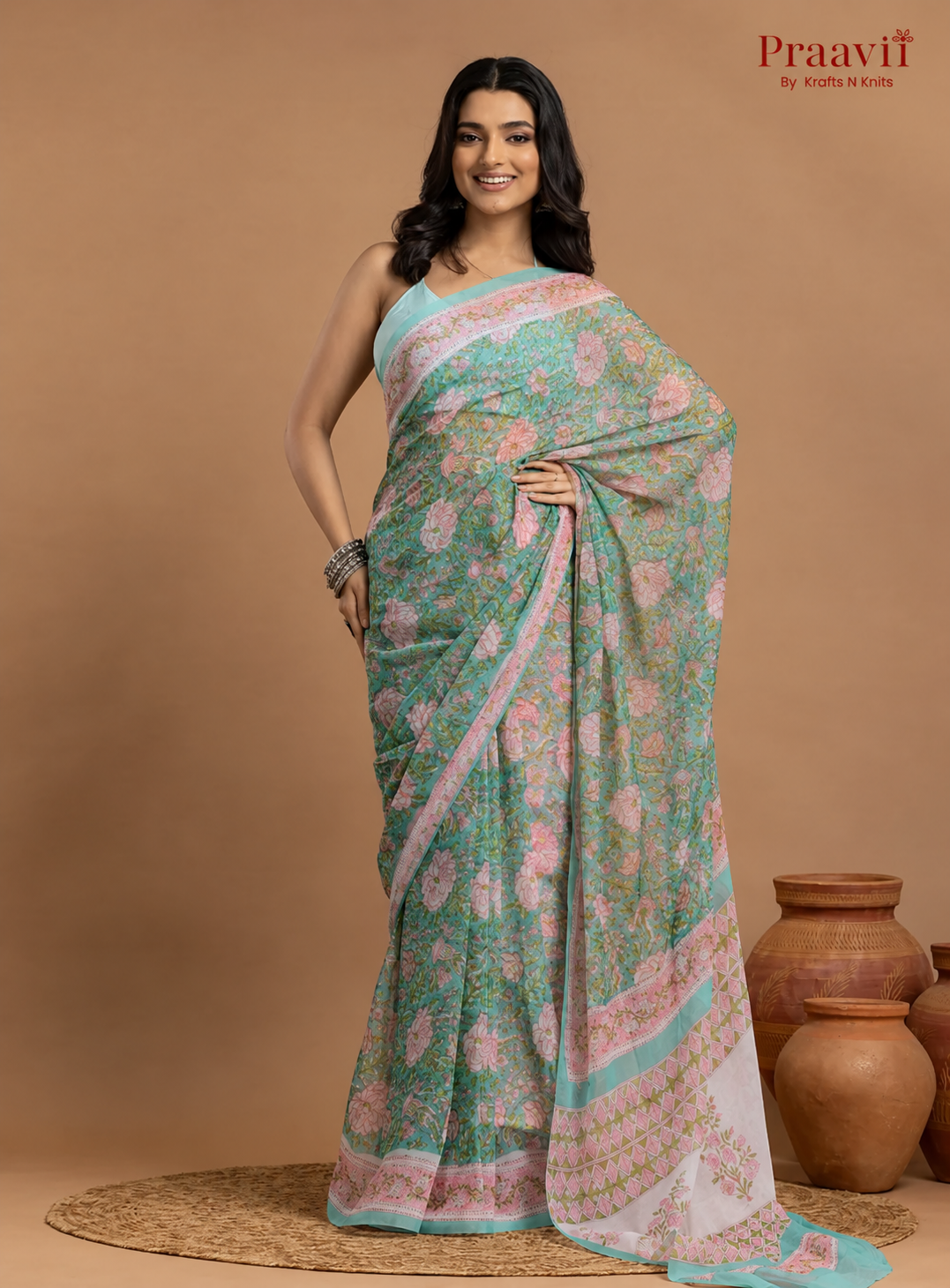 Soft Green Pure Chiffon Saree with Hand Block Print