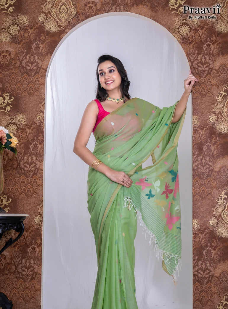 Green Pure Cotton Jamdani Handwoven Saree