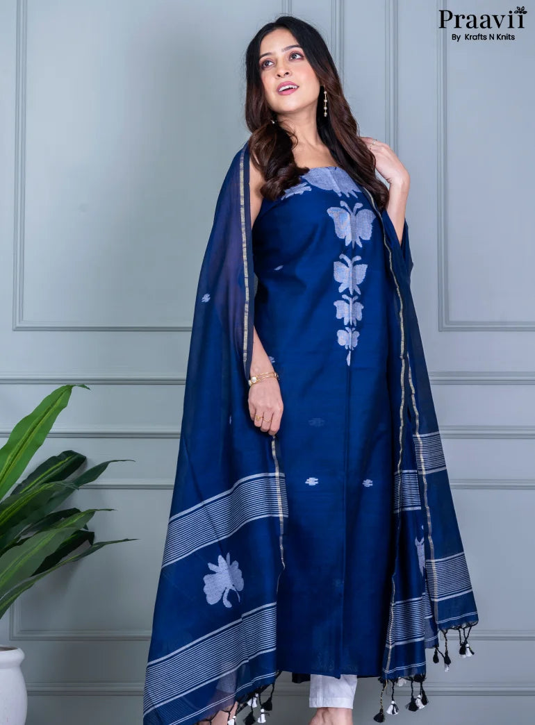 Navy Blue Unstitched Suit Set Cotton