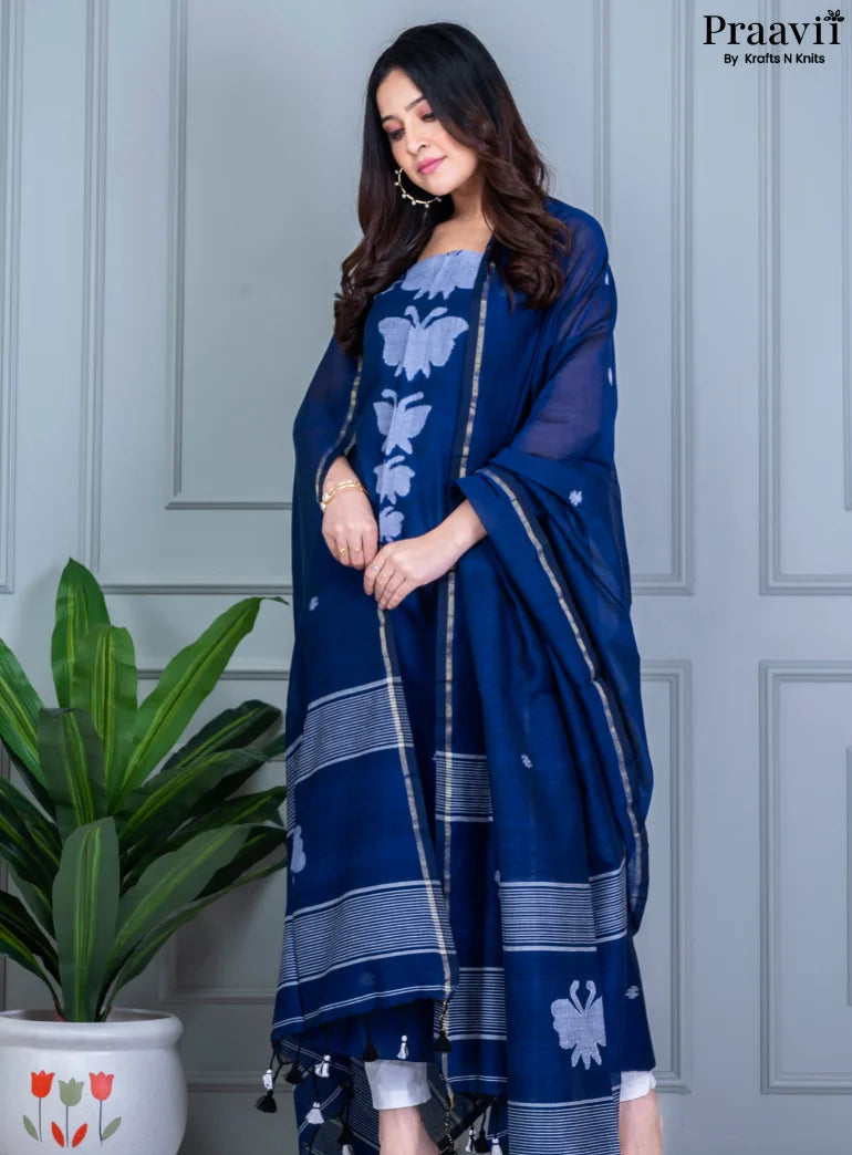 Navy Blue Unstitched Suit Set Cotton