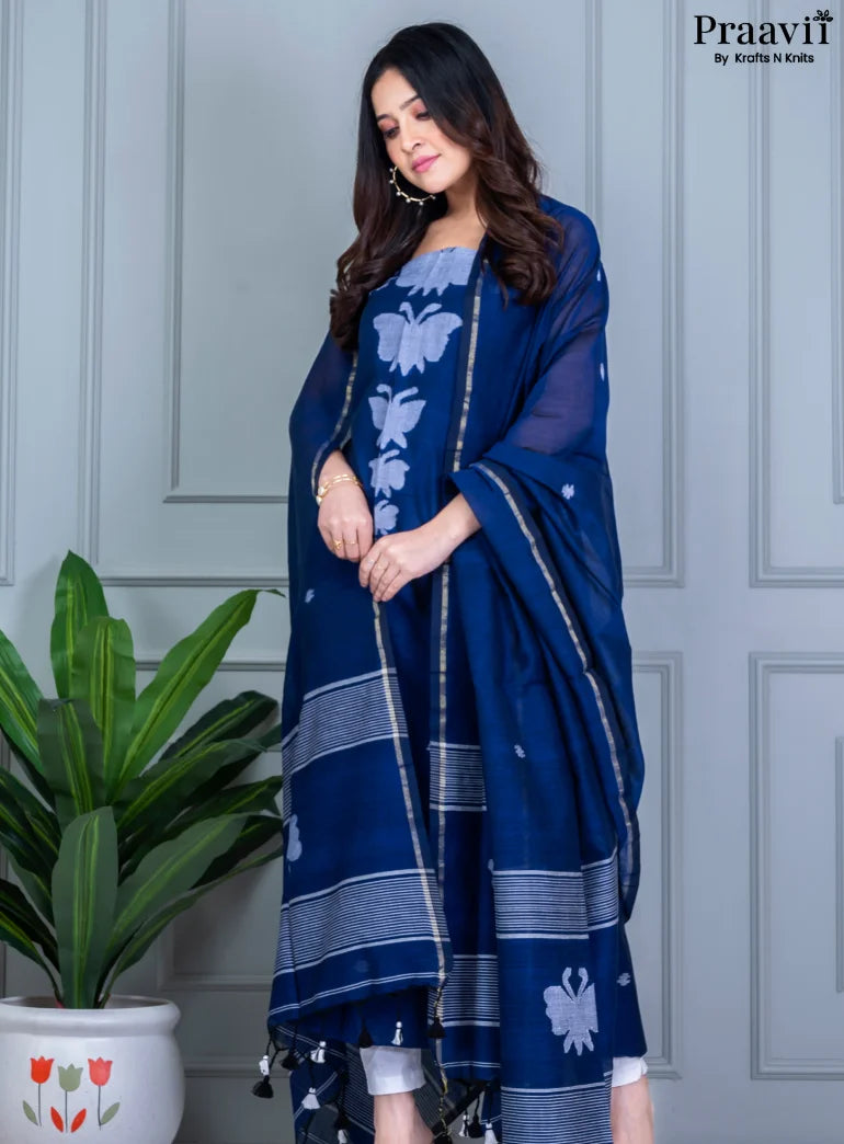 Navy Blue Unstitched Suit Set Cotton