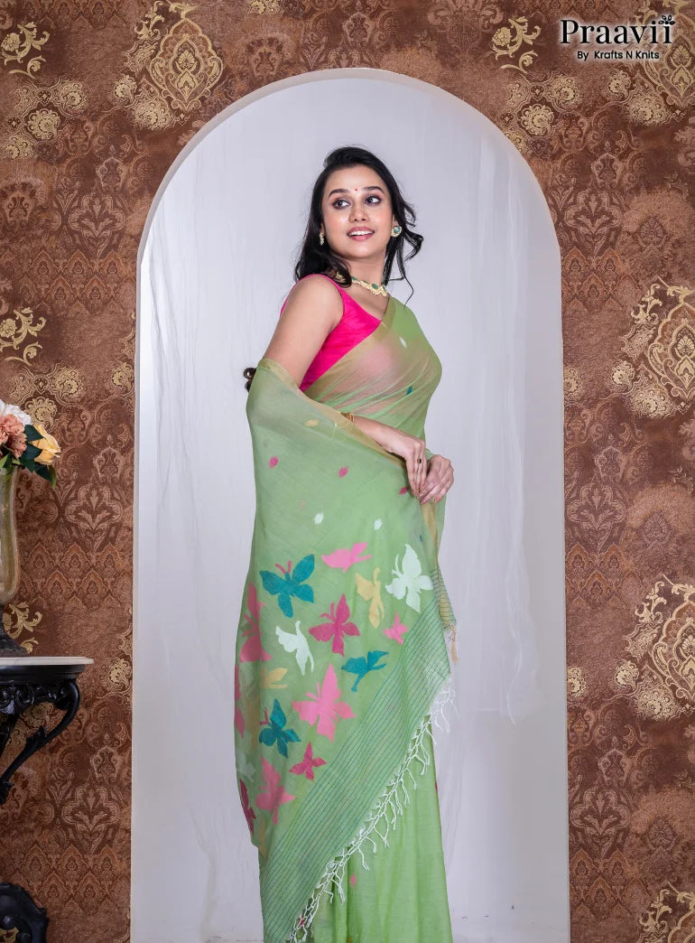Green Pure Cotton Jamdani Handwoven Saree