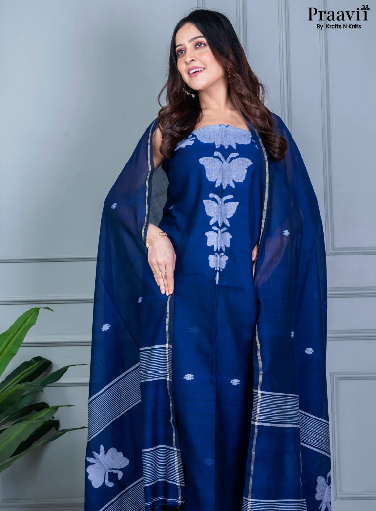 Navy Blue Unstitched Suit Set Cotton