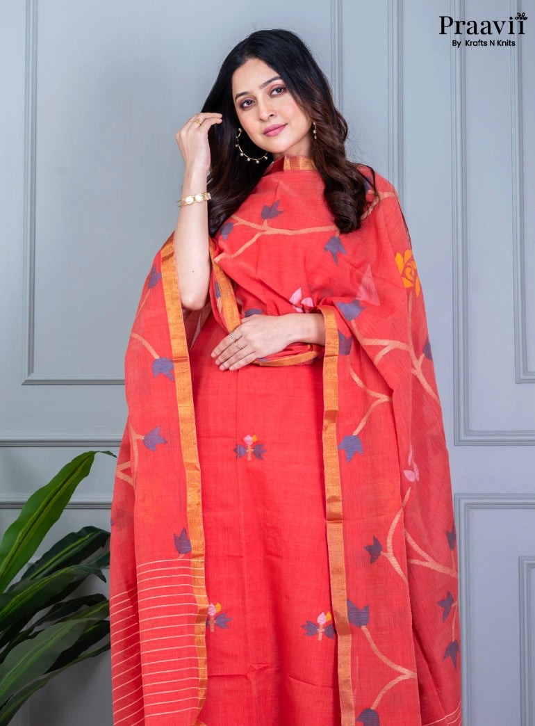 Orange Rust Unstitched Cotton Jamdani Suit Set