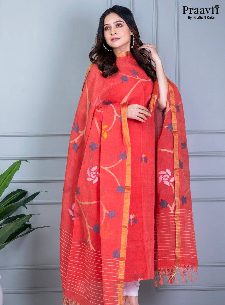 Orange Rust Unstitched Cotton Jamdani Suit Set