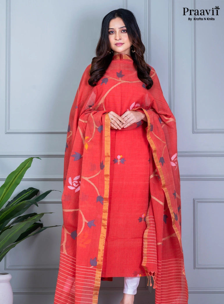 Orange Rust Unstitched Cotton Jamdani Suit Set