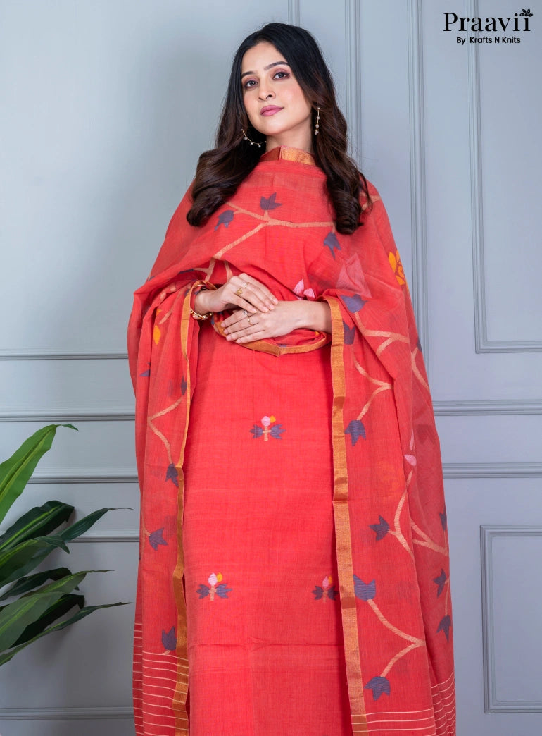 Orange Rust Unstitched Cotton Jamdani Suit Set