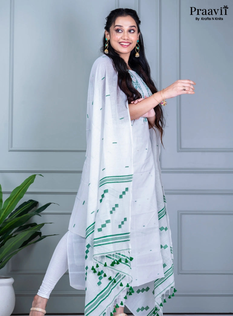 White Dhakai Jamdani Unstitched Cotton Suit Set