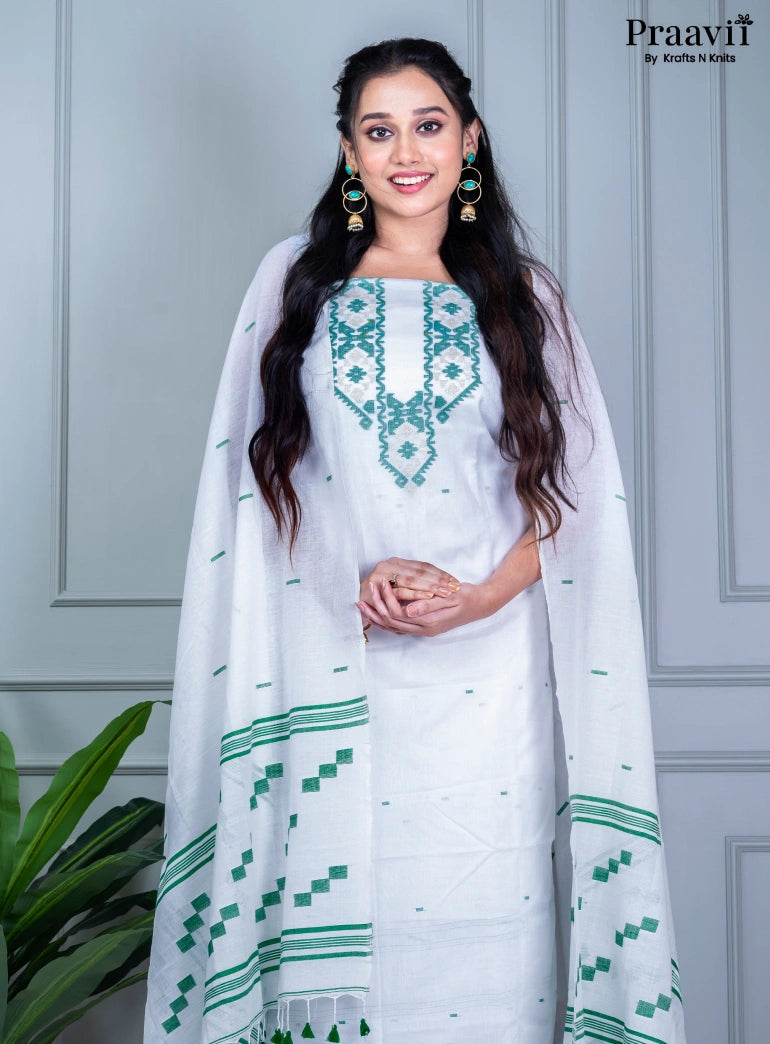 White Dhakai Jamdani Unstitched Cotton Suit Set