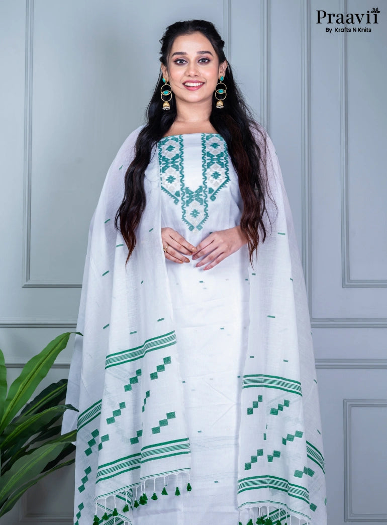 White Dhakai Jamdani Unstitched Cotton Suit Set