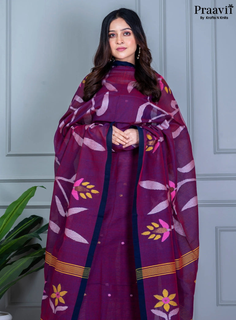 Purple Handwoven Cotton Jamdani Unstitched Suit Set