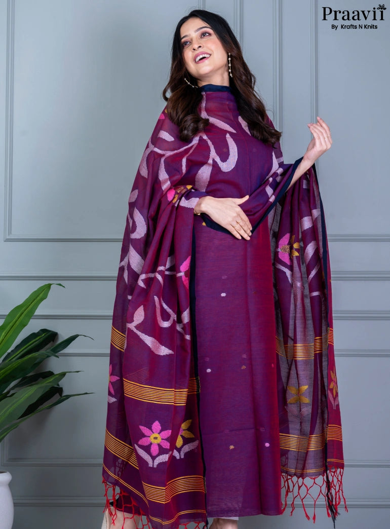 Purple Handwoven Cotton Jamdani Unstitched Suit Set