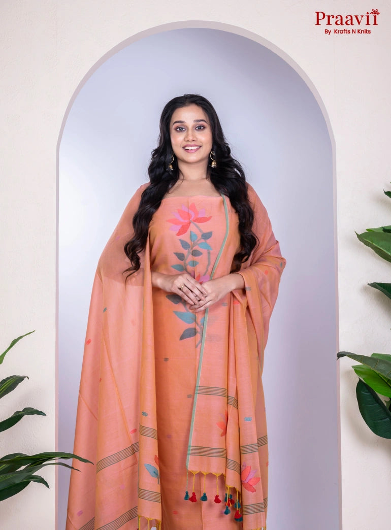 Dark Peach Color Handwoven Cotton Jamdani Unstitched Suit Set