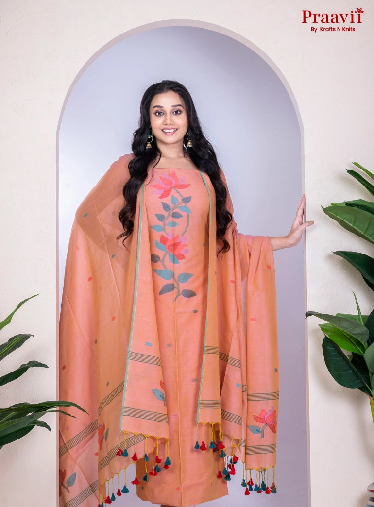 Dark Peach Color Handwoven Cotton Jamdani Unstitched Suit Set