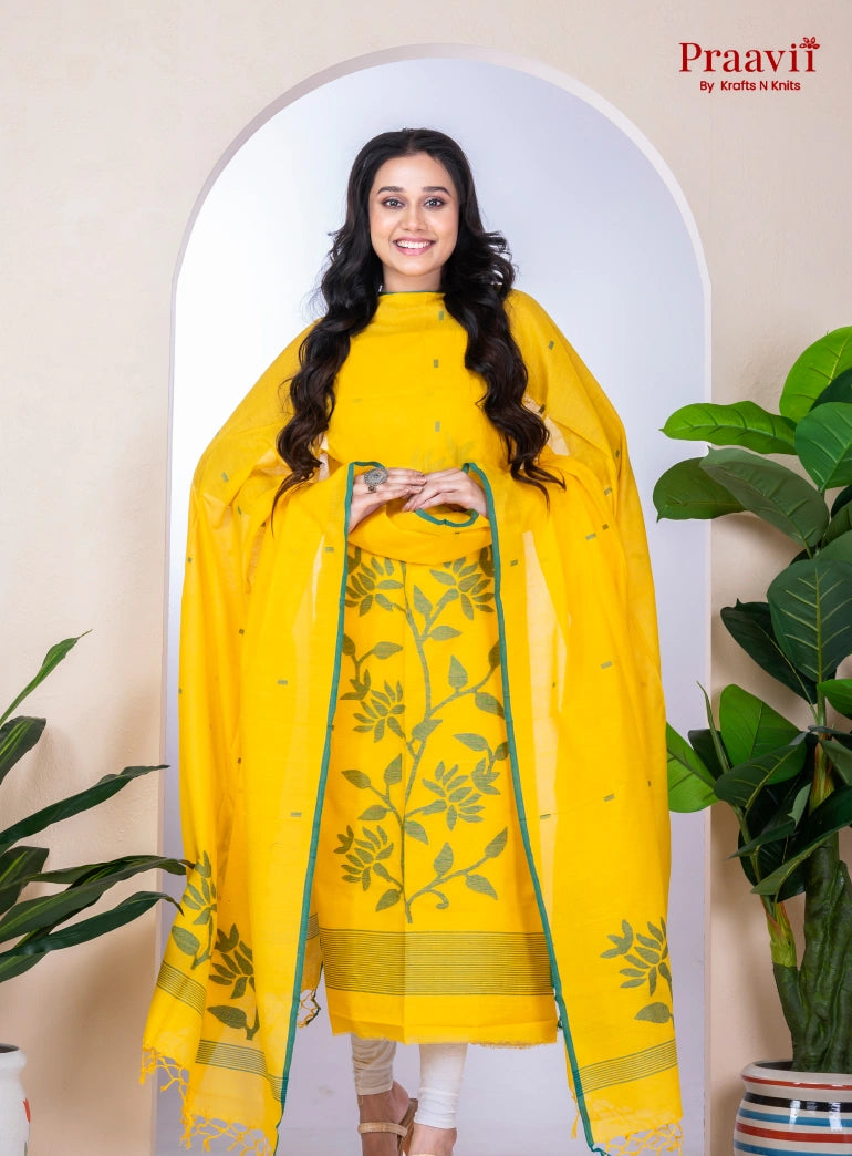 Yellow Handwoven Cotton Jamdani Unstitched Suit Set
