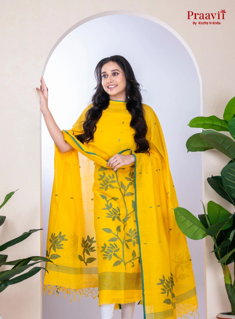 Yellow Handwoven Cotton Jamdani Unstitched Suit Set