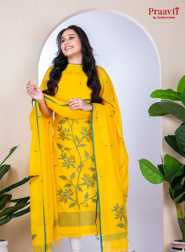Yellow Handwoven Cotton Jamdani Unstitched Suit Set