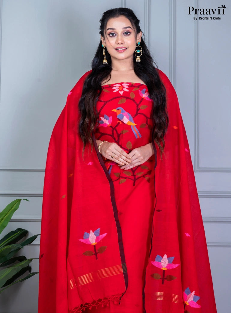 Red Handwoven Cotton Jamdani Unstitched Suit Set