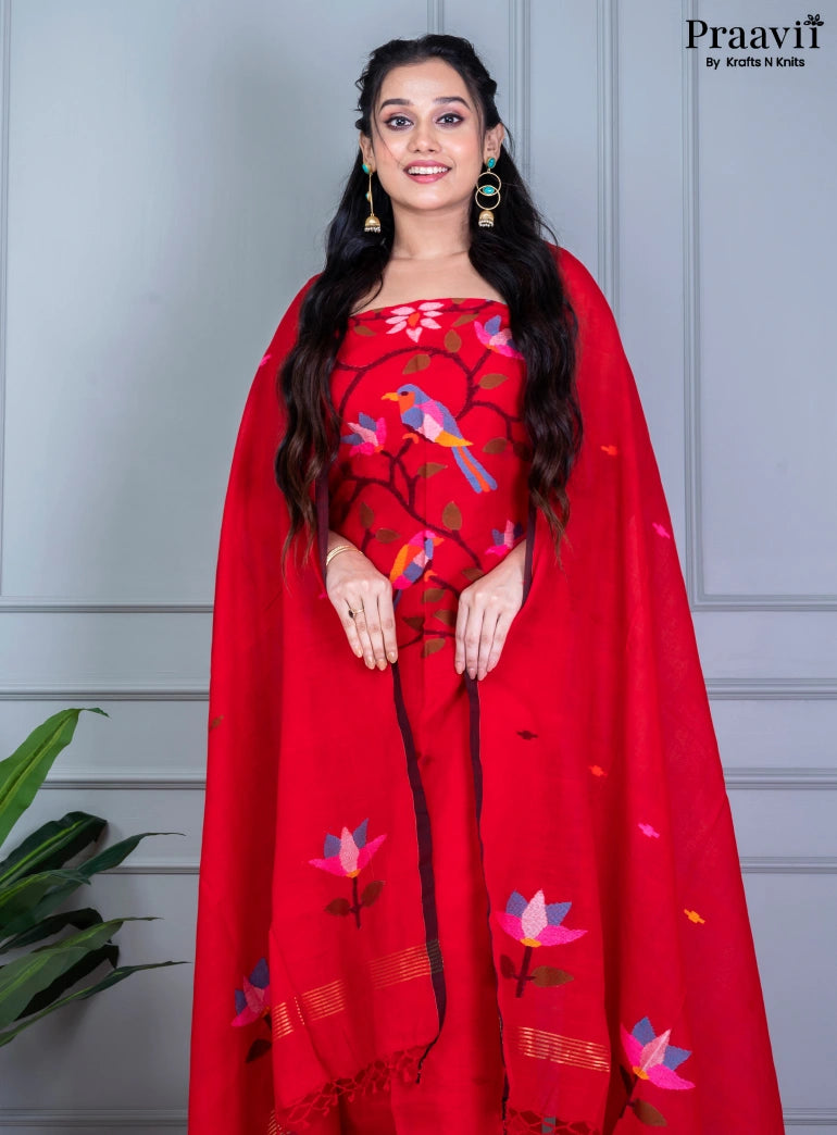 Red Handwoven Cotton Jamdani Unstitched Suit Set