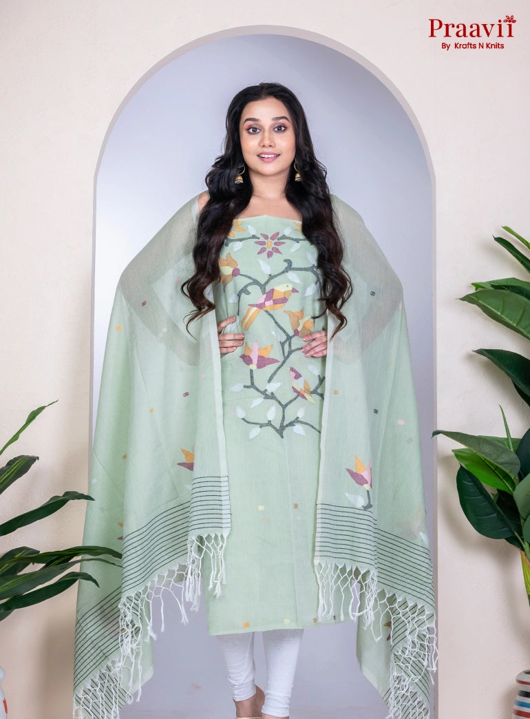 Mint Green Handwoven Cotton Jamdani Unstitched Suit Set