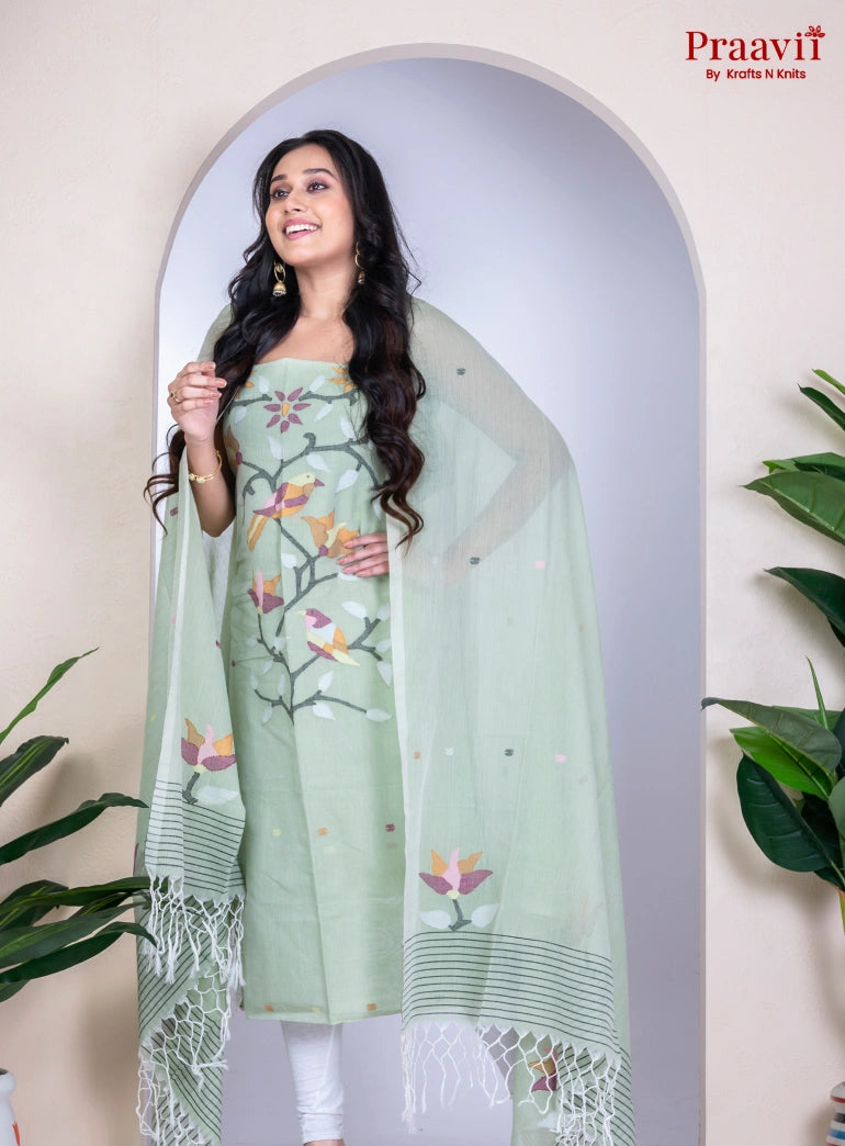 Mint Green Handwoven Cotton Jamdani Unstitched Suit Set