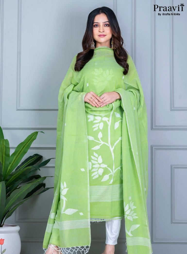 Lime Green Cotton Jamdani Unstitched Suit Set