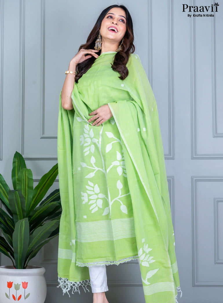 Lime Green Cotton Jamdani Unstitched Suit Set