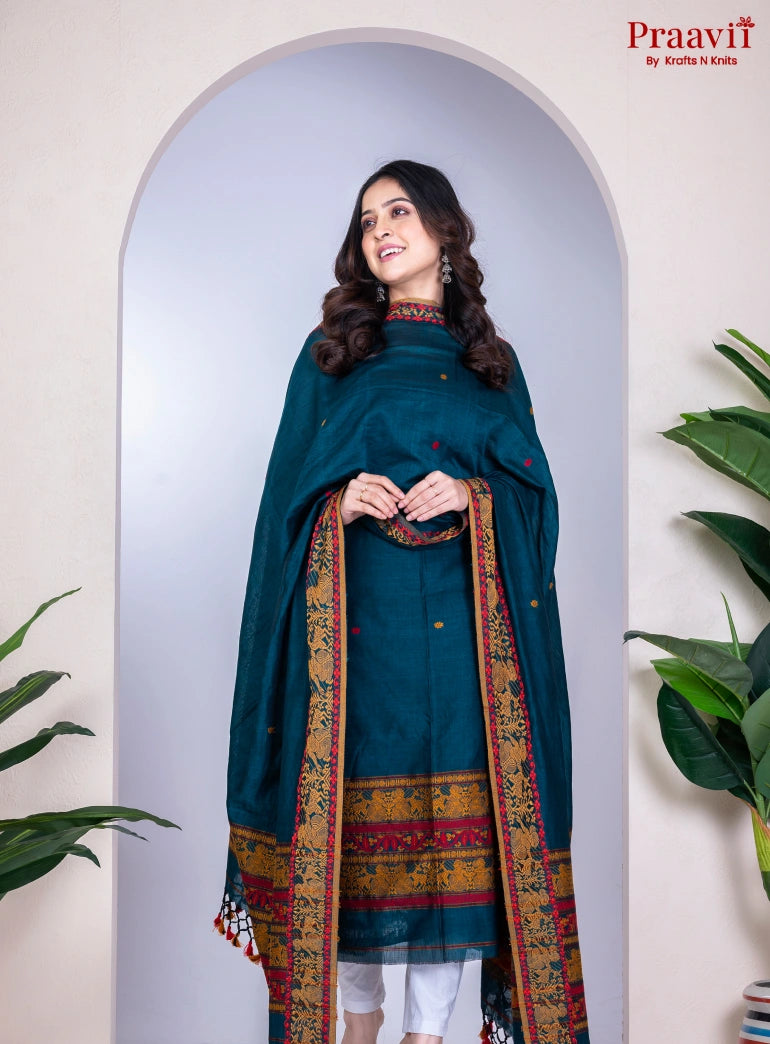 Deep Blue Cotton Jamdani Handwoven Unstitched Suit Set