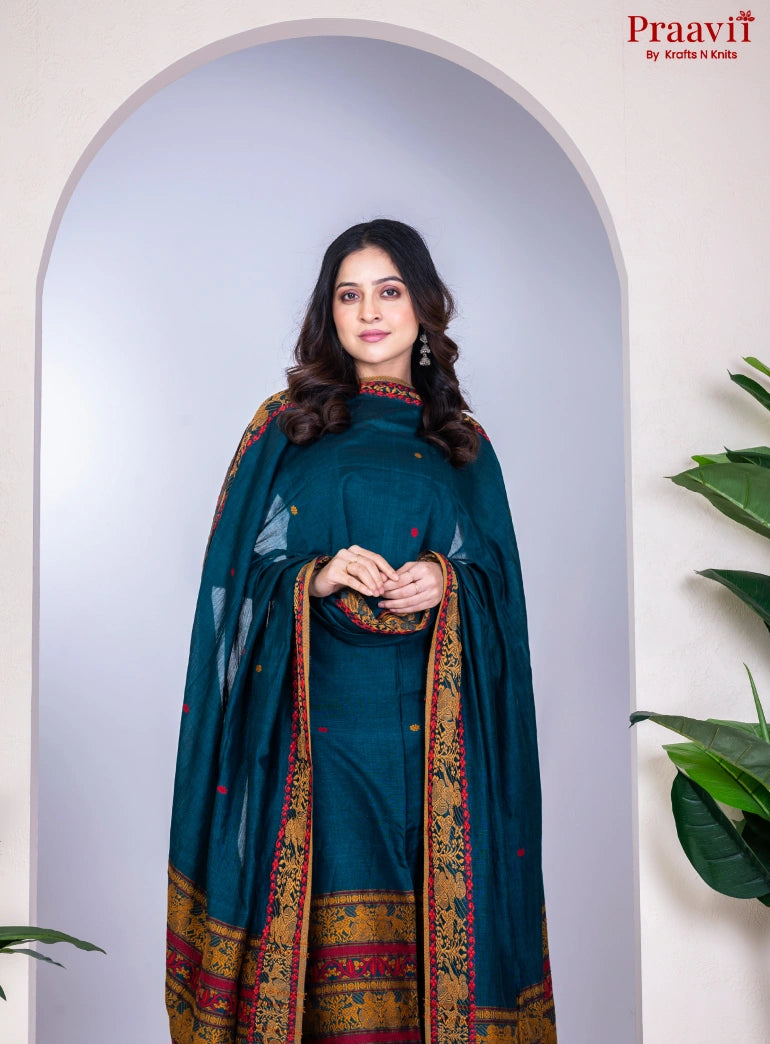 Deep Blue Cotton Jamdani Handwoven Unstitched Suit Set