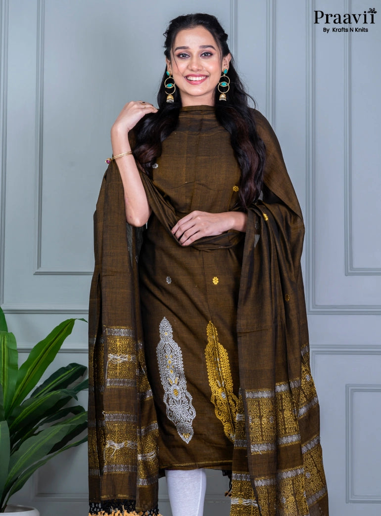 Deep Brown Jamdani Cotton Unstitched Suit Set