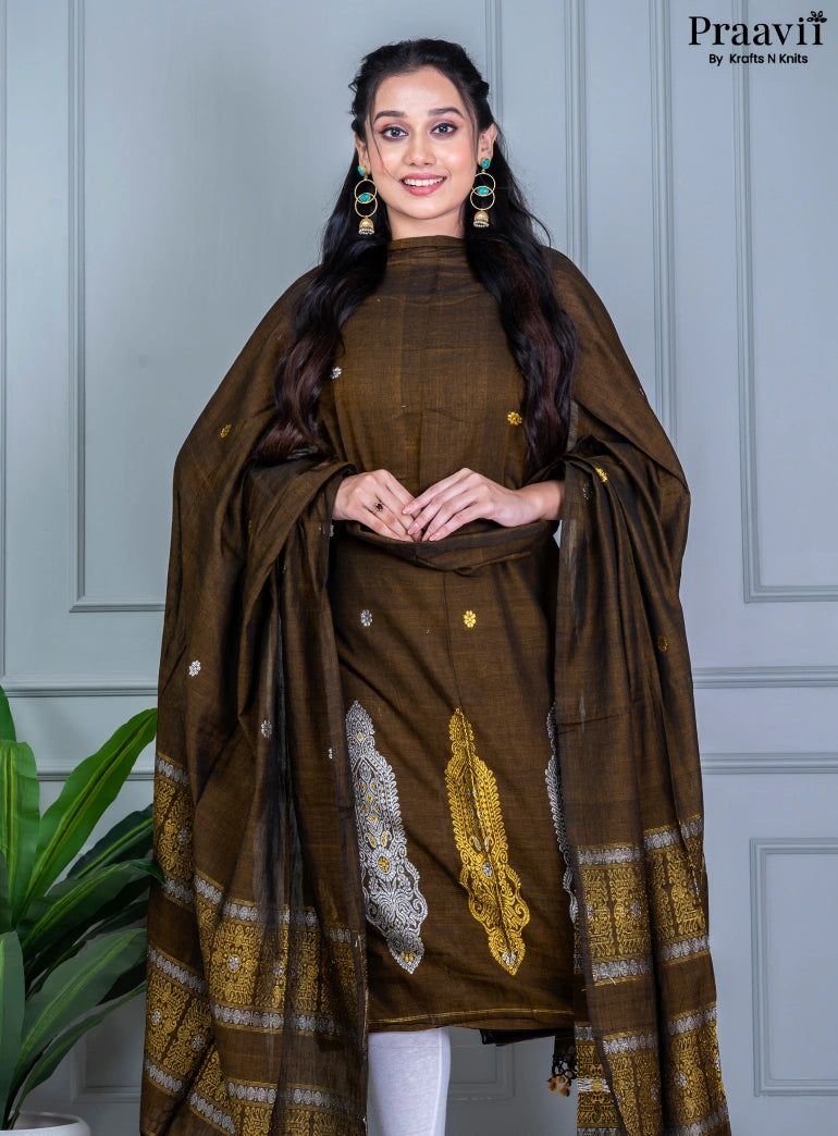 Deep Brown Jamdani Cotton Unstitched Suit Set