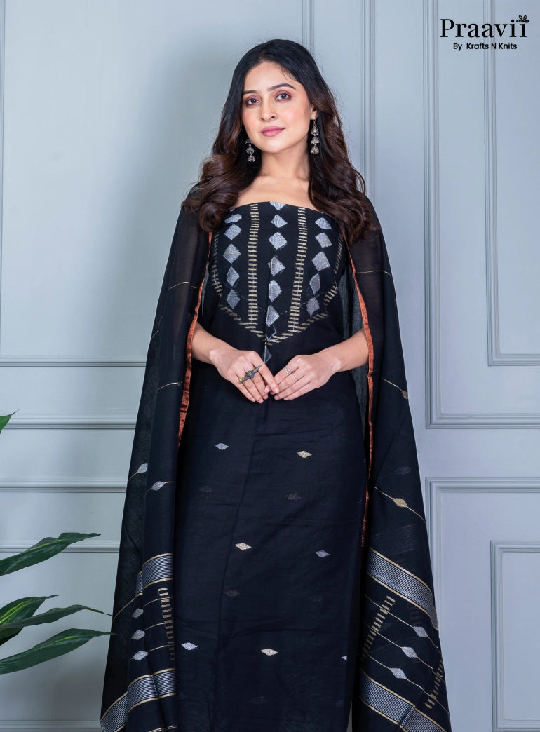 Black Cotton Jamdani Handwoven Unstitched Suit Set