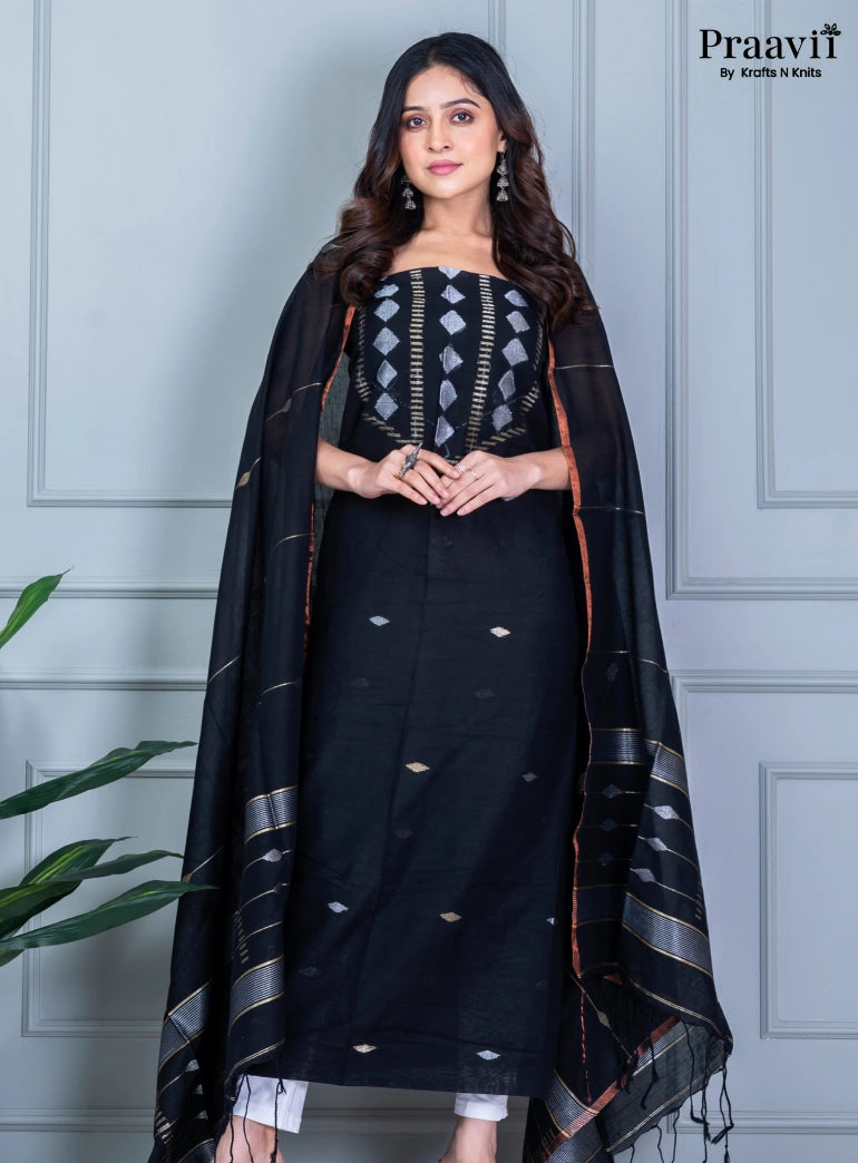 Black Cotton Jamdani Handwoven Unstitched Suit Set