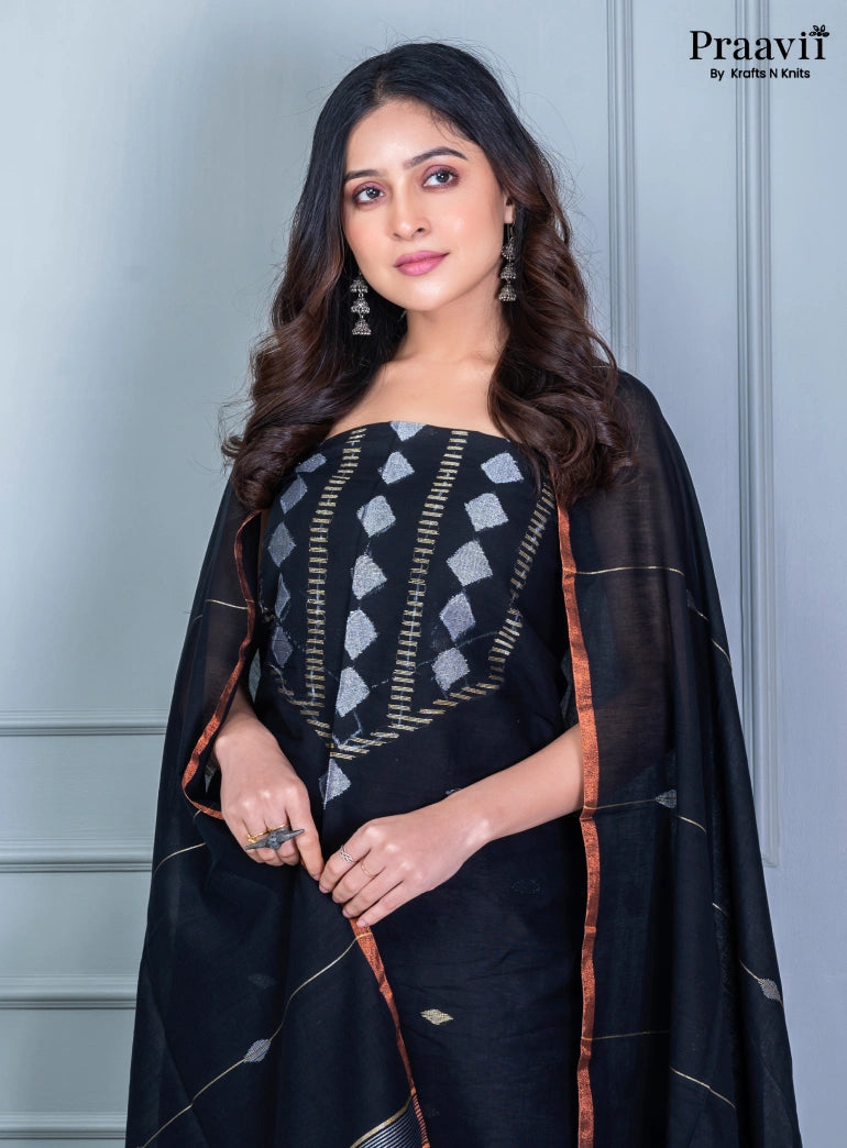 Black Cotton Jamdani Handwoven Unstitched Suit Set