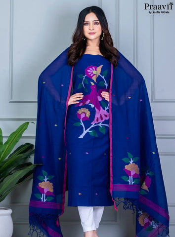 Persian Blue Jamdani Cotton Handwoven Unstitched Suit Set