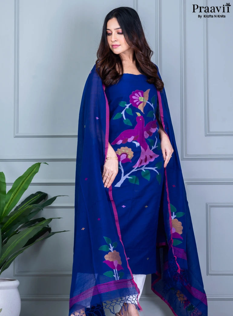 Persian Blue Jamdani Cotton Handwoven Unstitched Suit Set