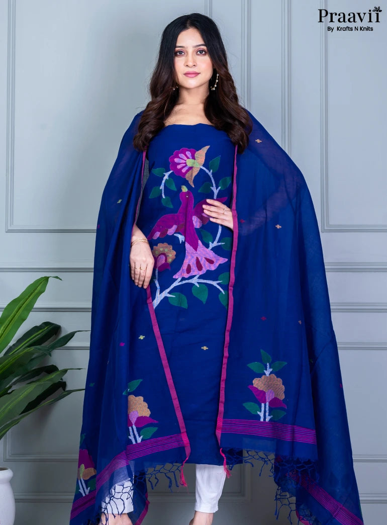 Persian Blue Jamdani Cotton Handwoven Unstitched Suit Set