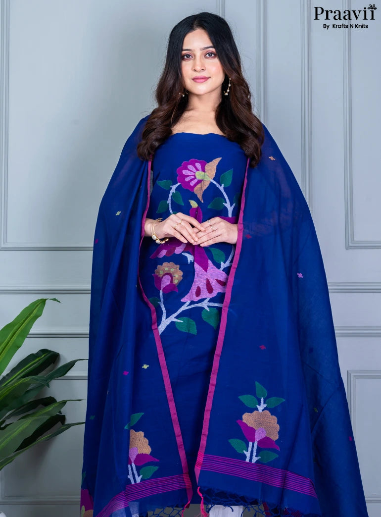 Persian Blue Jamdani Cotton Handwoven Unstitched Suit Set