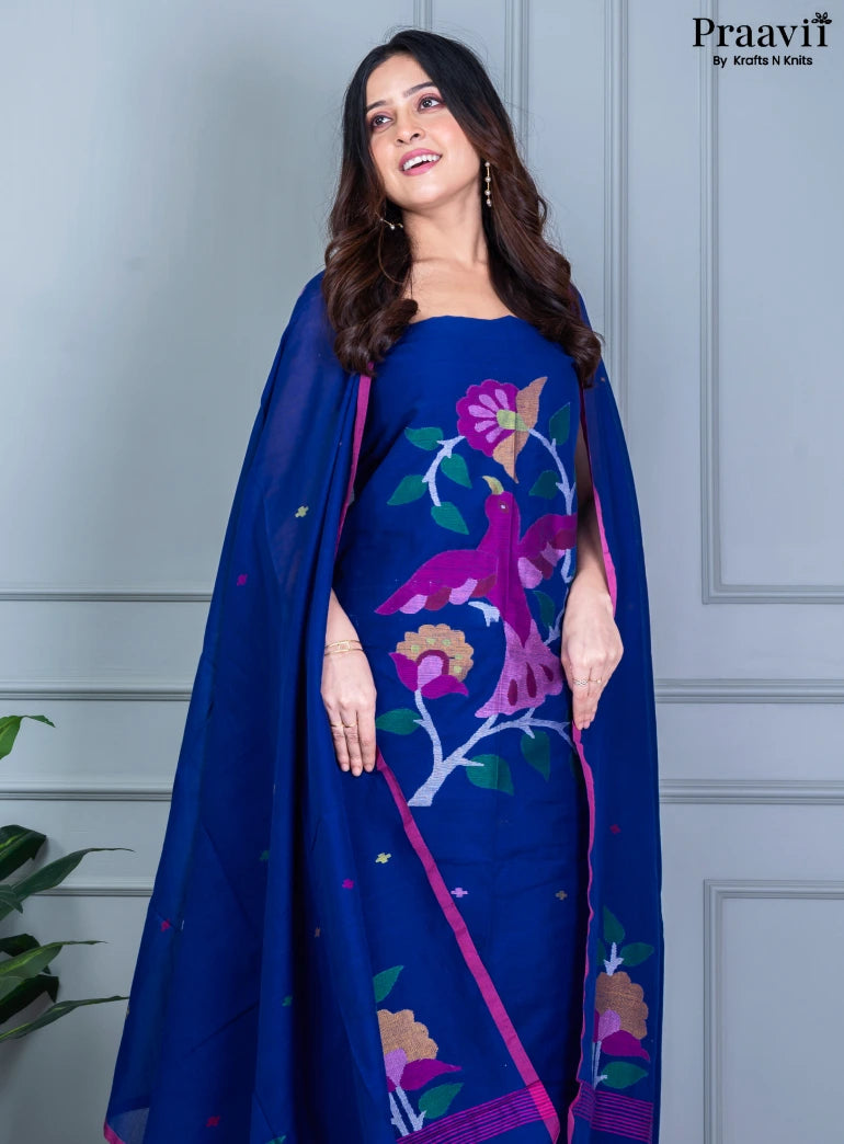 Persian Blue Jamdani Cotton Handwoven Unstitched Suit Set