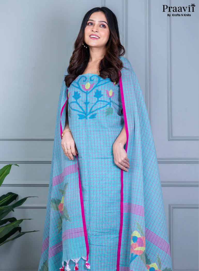 Light Blue Cotton Jamdani Unstitched Suit Set