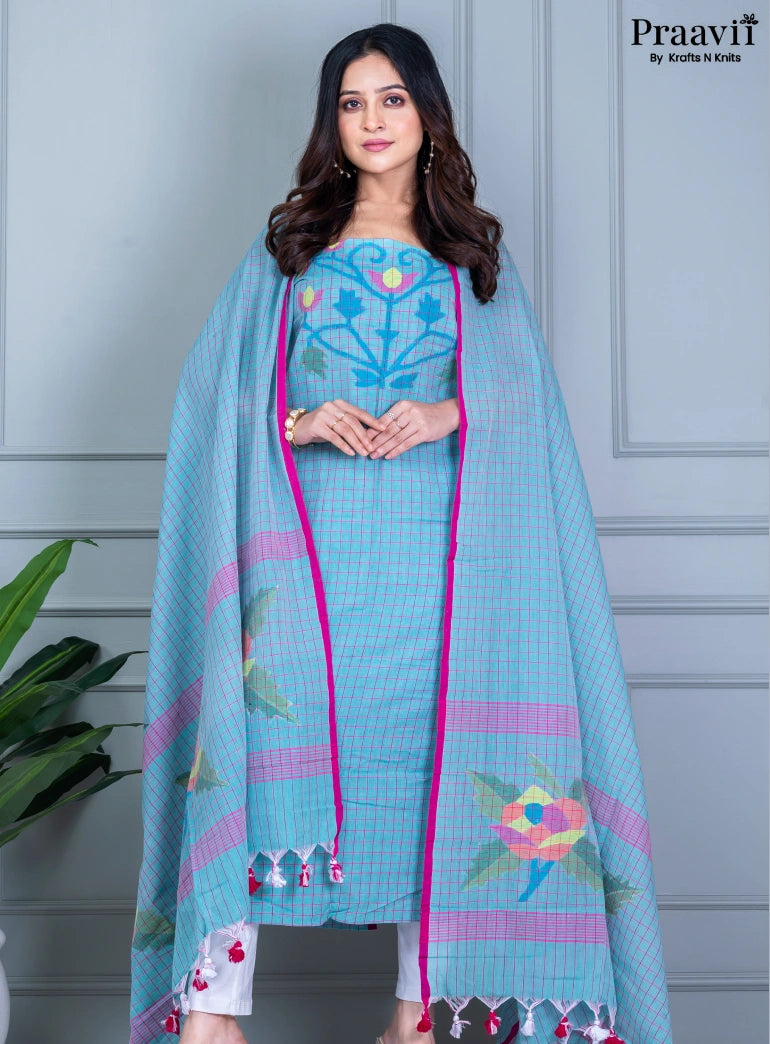 Light Blue Cotton Jamdani Unstitched Suit Set