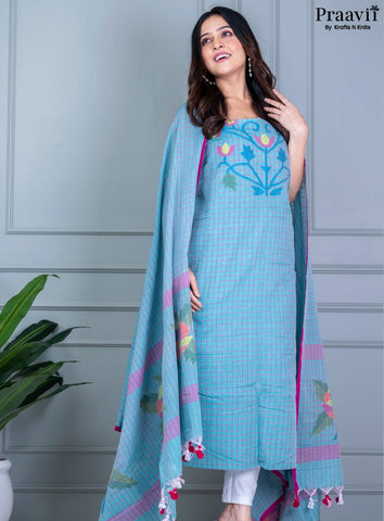 Light Blue Cotton Jamdani Unstitched Suit Set