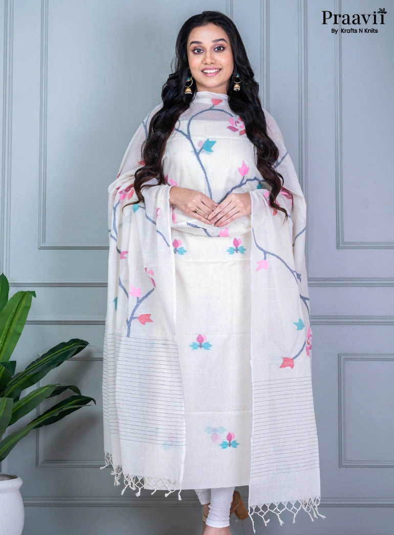 White Cotton Handwoven Jamdani Unstitched Suit Set