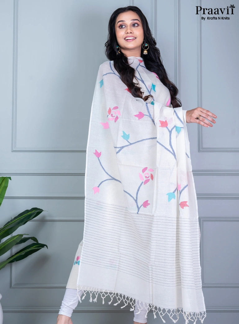 White Cotton Handwoven Jamdani Unstitched Suit Set