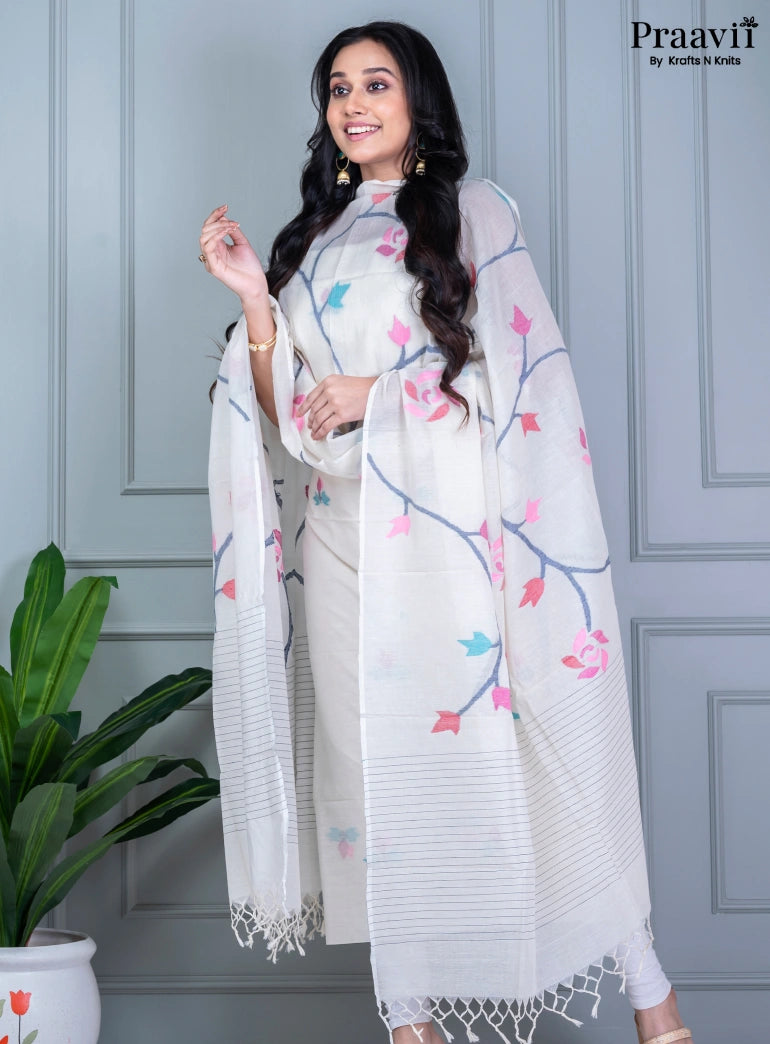 White Cotton Handwoven Jamdani Unstitched Suit Set