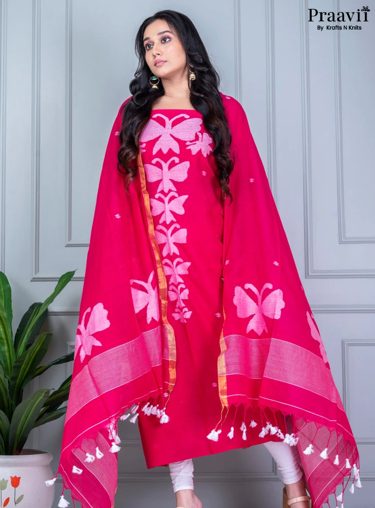Crimson Red Color Cotton Jamdani Unstitched Suit Set