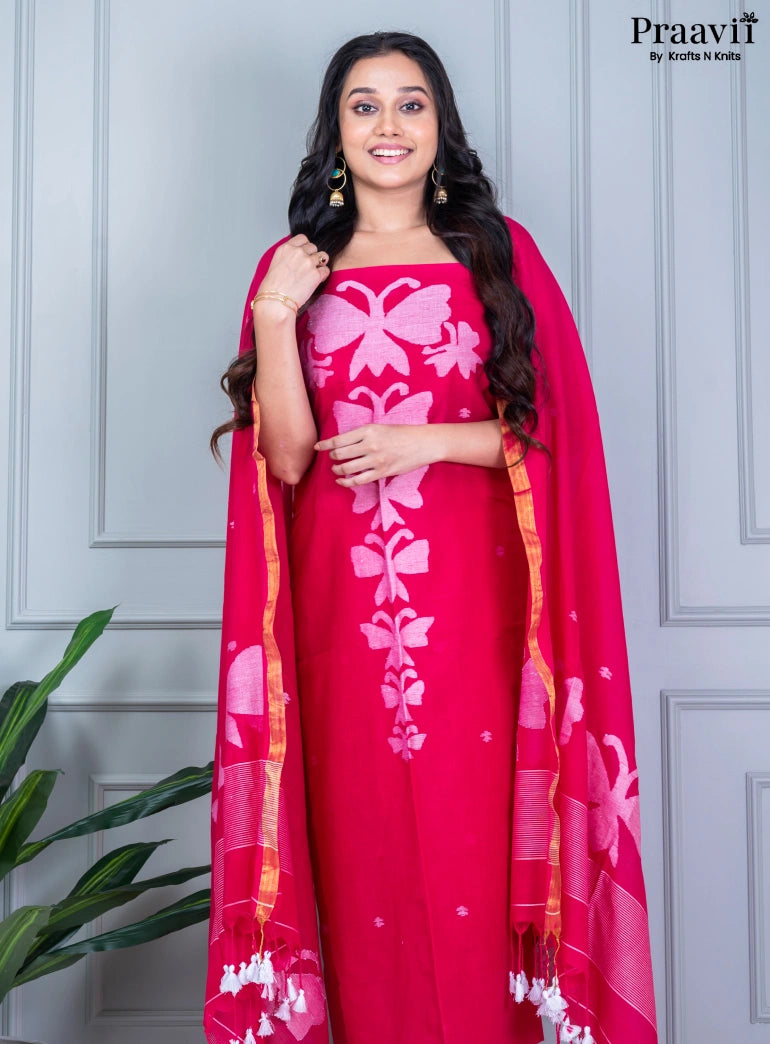 Crimson Red Color Cotton Jamdani Unstitched Suit Set