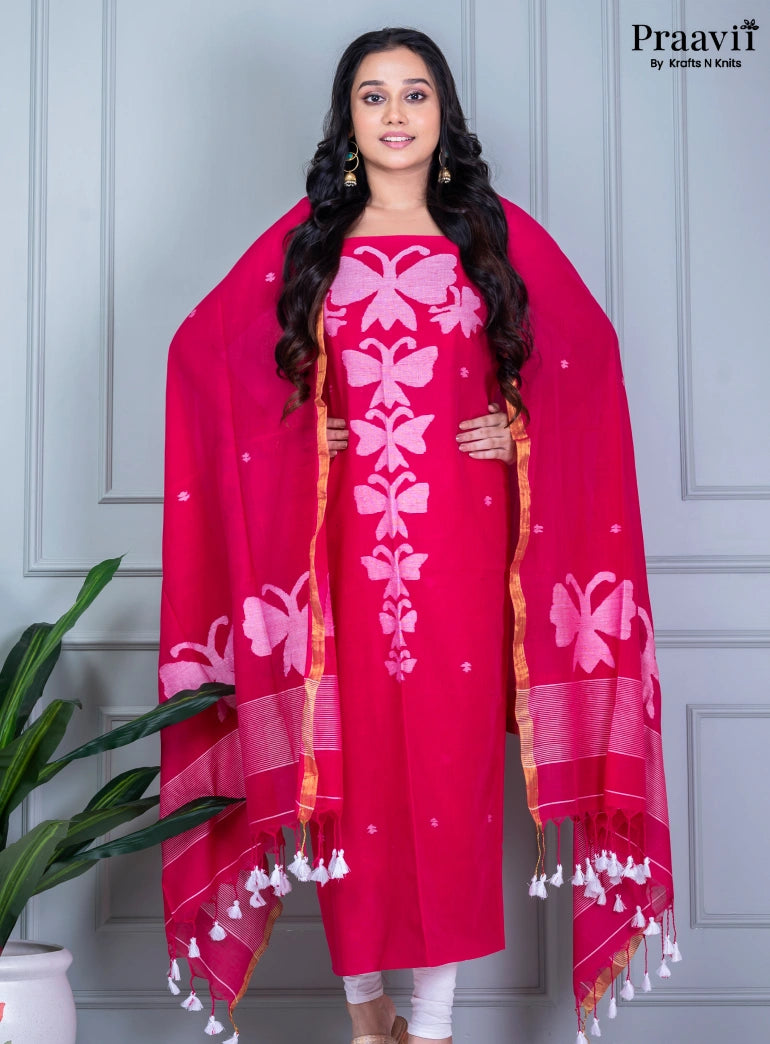 Crimson Red Color Cotton Jamdani Unstitched Suit Set