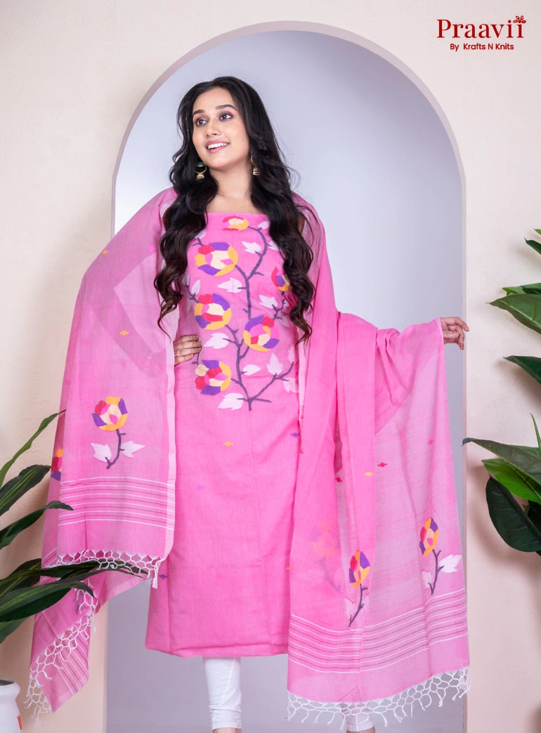 Pink Cotton Handwoven Jamdani Unstitched Suit Set