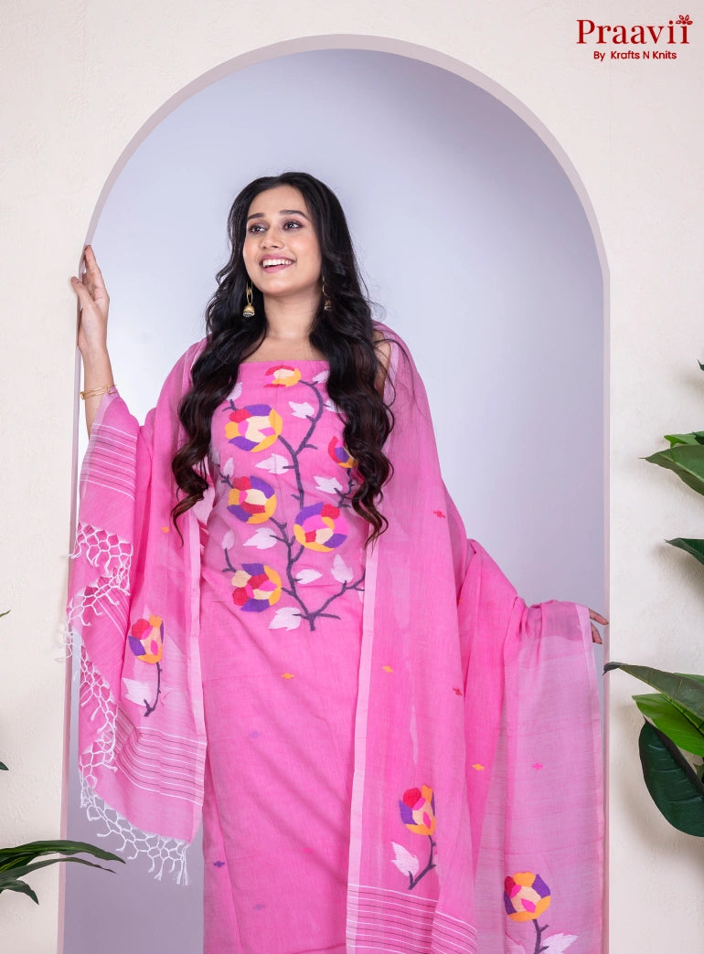 Pink Cotton Handwoven Jamdani Unstitched Suit Set